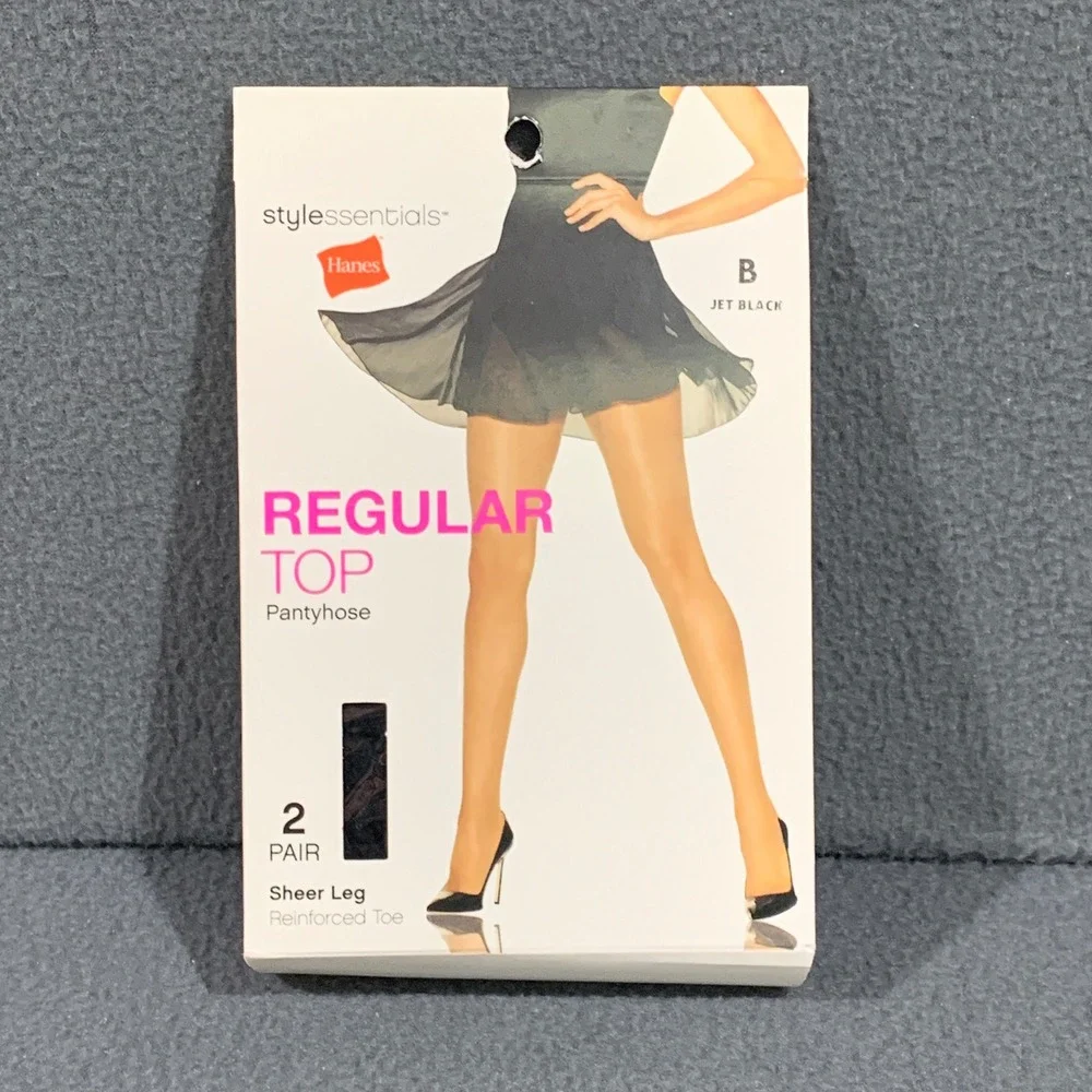 Hanes Regular Top Pantyhose Jet Black Size B 2 Pair‎ Sheer Leg 110-170 lbs